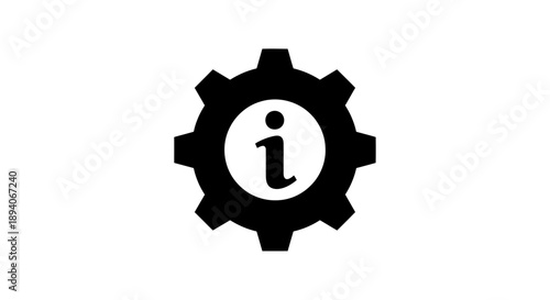 Solid Black Gear and Information Icon, Settings and Support Symbol, Isolated White Background