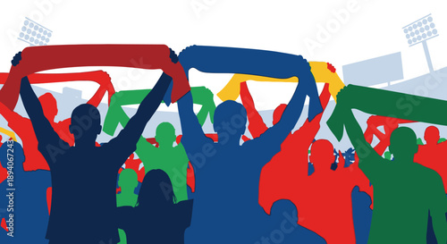 Colorful Silhouettes of Excited Soccer Fans Cheering and Holding Vibrant Scarves in a Stadium, Energetic Sports Event Atmosphere