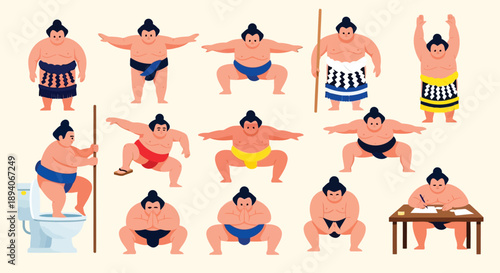 Flat design illustration of sumo wrestlers performing daily activities and traditional poses in vibrant colored mawashi