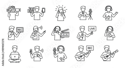 Collection of vector icons illustrating modern professionals in creative, media, and technology occupations during work tasks