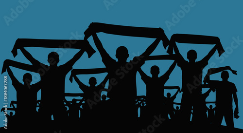 Silhouette of Excited Soccer Fans Cheering and Holding Scarves High in a Stadium, Vibrant Sports Event Atmosphere