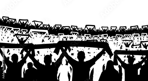Silhouette of Cheering Football Crowd with Raised Arms and Banners at Sports Stadium