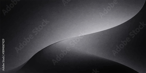 An abstract black and white vector pattern featuring a 3d paper curl on a textured blank page template creates a sleek business backdrop with elegant curves and light shapes for an empty card design