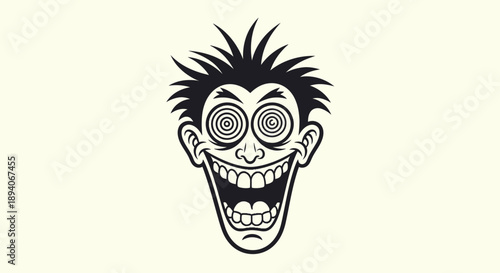Crazy Cartoon Face Expression with Swirling Eyes and Open Mouth, Funny Emotions on Light Yellow Background