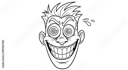 Humorous Cartoon Face with Wide Crazy Eyes and Big Smile Expressing Excitement or Madness