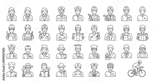 Collection of flat vector icons depicting male and female professionals across multiple industries and job roles with tools and uniforms