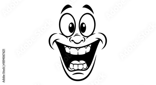 Animated cartoon face with wide-open mouth and eyes, expressing extreme excitement and joy, isolated white background.