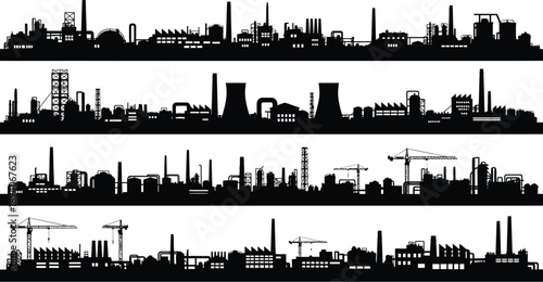 Set of four distinct black and white industrial factory silhouettes showcasing various construction elements power plants and manufacturing skylines for design projects