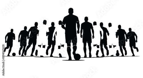 Dynamic silhouettes of a group of male football players actively running and playing soccer, isolated white background.