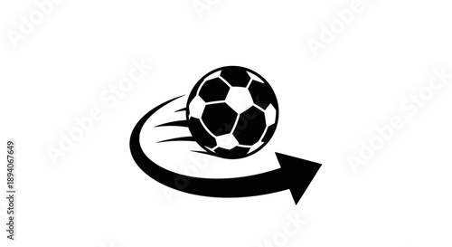 Soccer Ball with Curved Arrow Showing Dynamic Movement on Isolated White Background