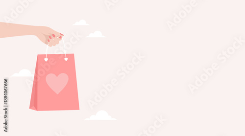 Female hand holding red shopping bag with heart, copy space. Flat vector illustration
