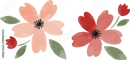 Watercolor illustration of pink and red flowers with green leaves on white background