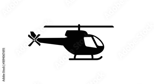 Modern black silhouette of a helicopter in flight, showing aerial transport, isolated white background.