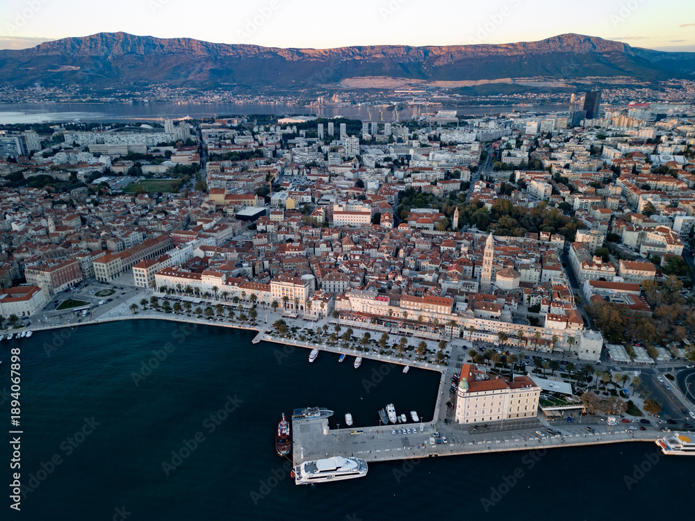Fototapeta premium Split Town, Croatia, evening panorama - aerial drone view