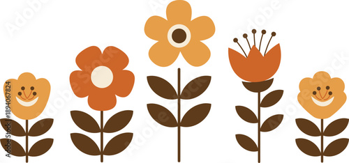 Vibrant orange and yellow flowers on brown stems with green leaves on white background