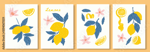 Set of citrus fruits abstract poster. Contemporary print with hand drawn lemon,blue leaves and flowers. Dolce vita aesthetics. Italian summer vacation. Elegant design for card, banner, menu, cover.