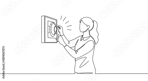 Line drawing of a woman coloring a picture in a studio with artistic tools on a transparent background