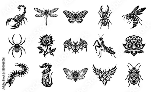Tribal Tattoo Style Insect and Arachnid Graphic Element Kit for Dark Aesthetic Creative Design