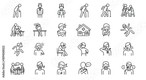 Collection of diverse human silhouette icons depicting daily activities, emotions, fitness, and professions in minimalist line art style