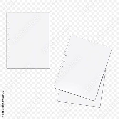 White blank hole punched letter size paper. Realistic mock-up. Filler sheets for ring binder. Vector mockup. Template for design