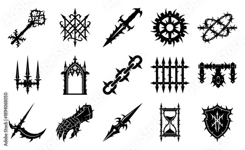 Dark Gothic Spiky Metal Elements Graphic Set for Dark Fantasy Games and Heavy Metal Graphic Design