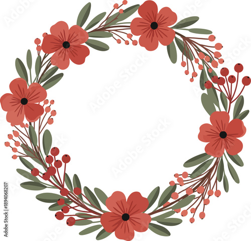 Watercolor floral wreath with red flowers and green leaves on white background
