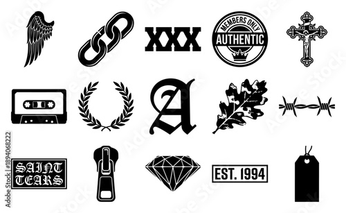 Streetwear Graphic Element Kit featuring Bold Black Symbols and Grungy Urban Icons for Apparel Design