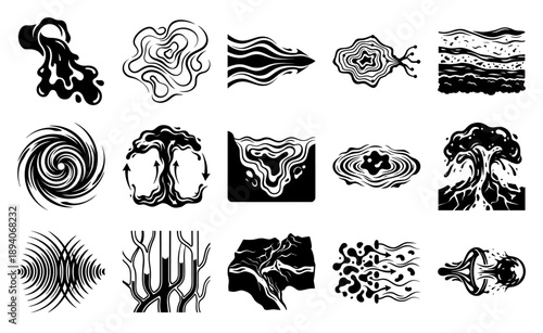 Linocut Style Abstract Fluid Dynamics Graphic Asset Sheet for Earth Science and Energy Design