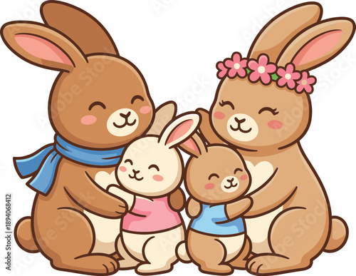 Easter sunday family of four rabbits in pastel colors with flowers and scarves