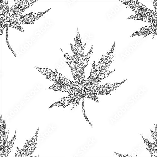 Seamless maple leaf pattern made of detailed hand drawn line art leaves, vector illustration in black and white botanical style for textiles, wallpaper, wrapping paper prints and nature themed designs