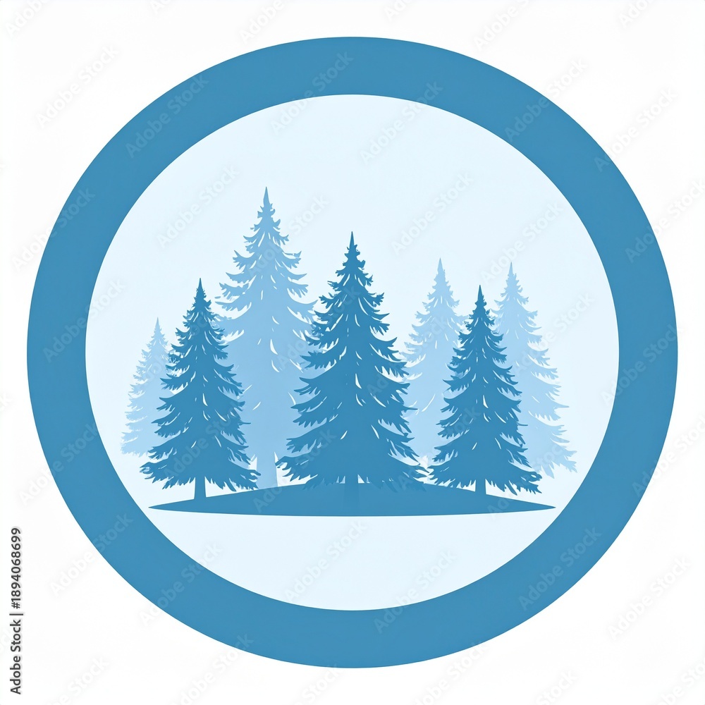 Obraz premium Evergreen forest landscape in circular frame winter snow minimalist design vector illustration