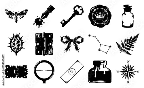 Vintage Dark Academia Woodcut Graphic Set for Gothic Scrapbooking and Mystery Narrative Design