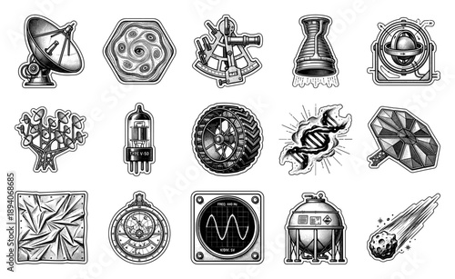 Woodcut Style Retro Science and Aerospace Graphic Element Kit for Vintage Technical Documentation