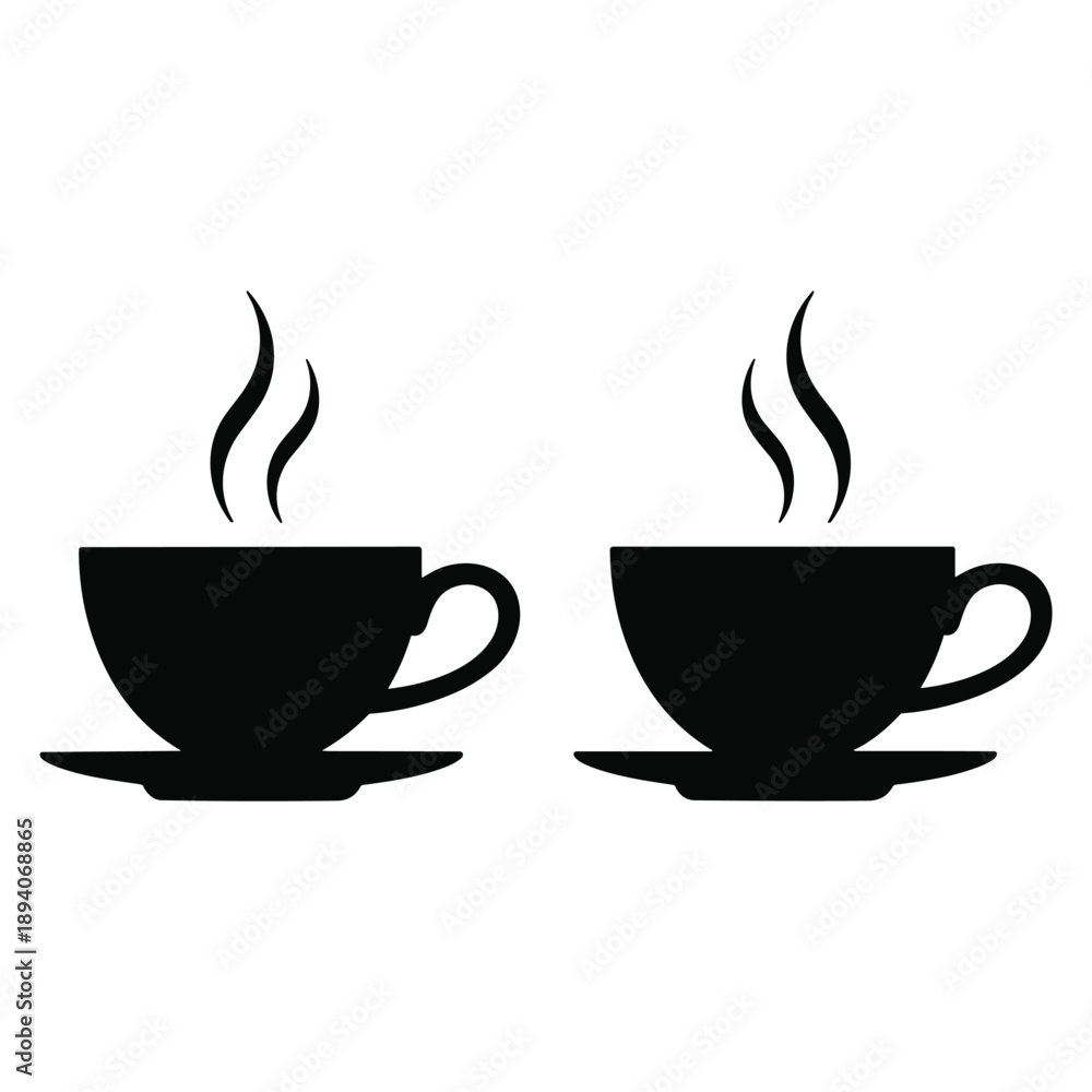 Fototapeta premium Two steaming coffee cups and saucers in silhouette