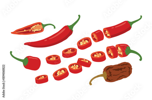 Red hot chili pepper variations including fresh whole sliced halves and dried spice pods