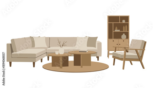 Modern living room furniture set with sectional sofa wooden tables rug and storage shelf