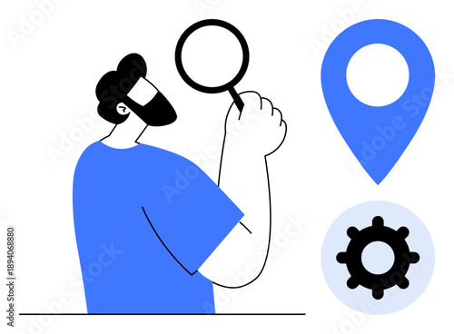 Analysis concept. A man examining with a magnifying glass, alongside a location pin and gear symbol. Analysis plays a role in problem-solving and decision-making for data, technology, or business