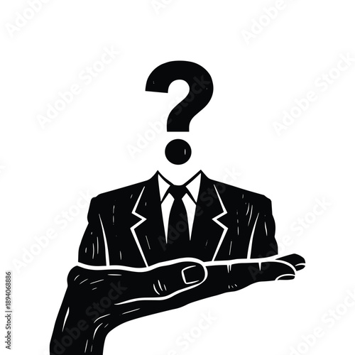 Conceptual illustration showing silhouette of hand holding suit with question mark head