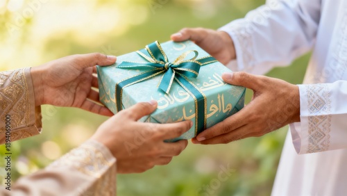 Generous Gift Exchange Between Two Men in Traditional Attire, Celebrating Ramadan or Eid, Outdoor Greenery Background