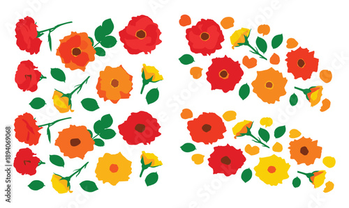 Floral pattern collection featuring red orange and yellow roses with green leaf accents