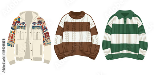 Cozy knit sweater collection with patterned jacket and striped pullover for winter fashion