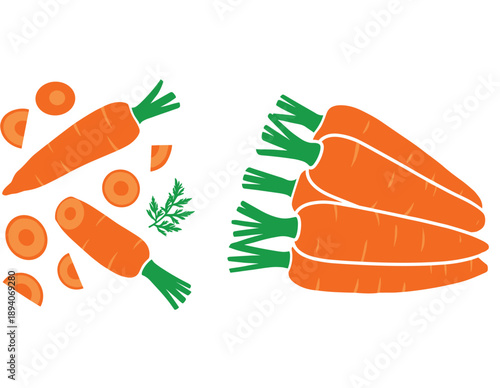 Fresh whole carrots and chopped slices with green leaves for healthy cooking recipes book