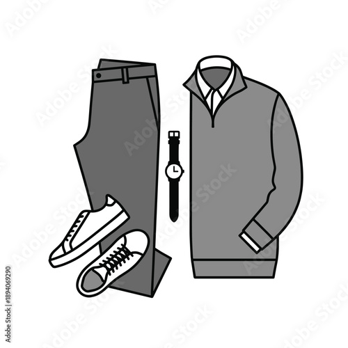 Mens casual outfit flat lay icons including trousers pullover watch and sneakers footwear