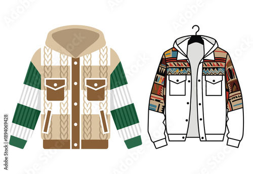 Two stylish bomber jackets with unique patterns and hoodies