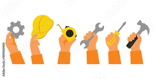 Industrial workers hands holding various construction tools and safety gear vector design
