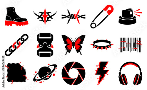 Modern Grunge Flat Vector Punk Elements Asset Sheet for Edgy Streetwear Design