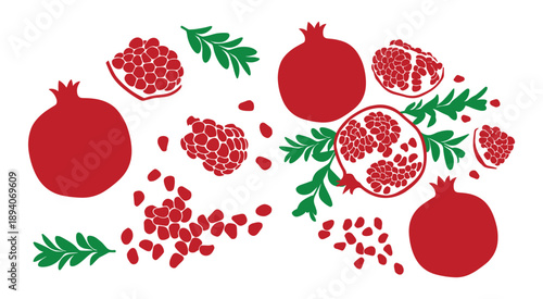 Fresh red pomegranate fruits with seeds and green leaves isolated on transparent backdrop