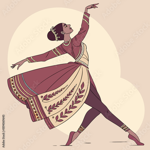 Indian classical dancer in maroon and beige costume