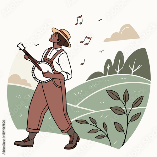 Folk musician character holding classic rural instrument banjo 1