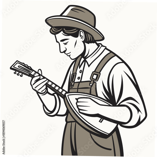 Man playing banjo in overalls and hat musician folk